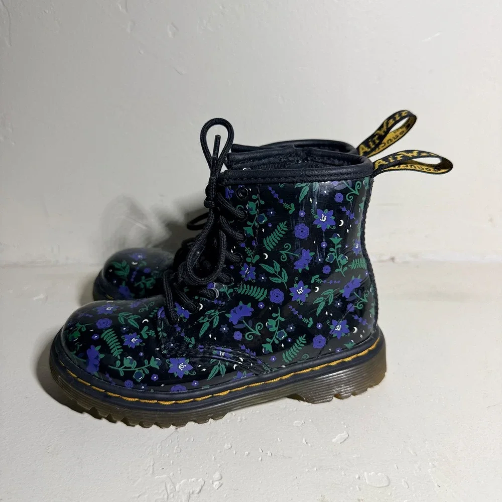 Dr. Martens Boots Floral Patent Leather Black Purple Green Kids Size 9 US